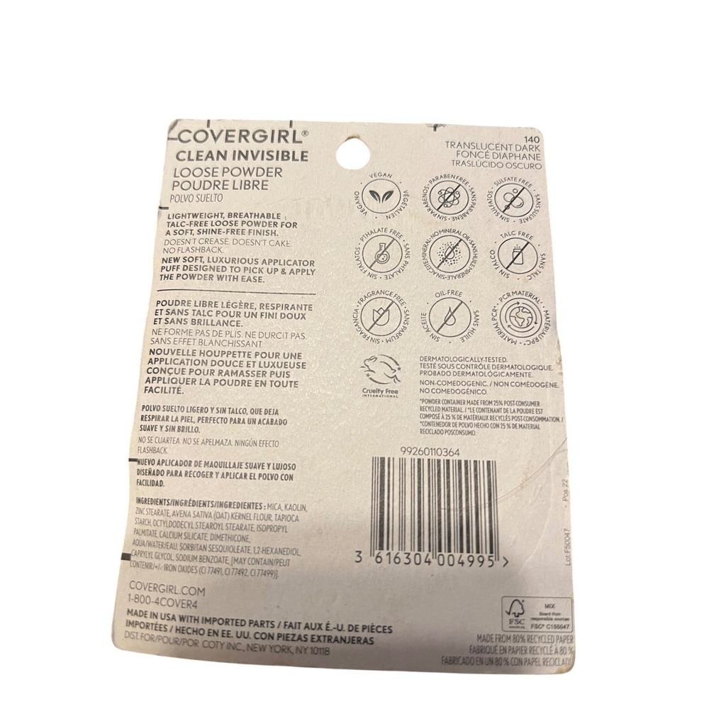 Covergirl Clean Invisible Loose Powder 140 Translucent Dark Talc Free Vegan 18g - Picture 2 of 2